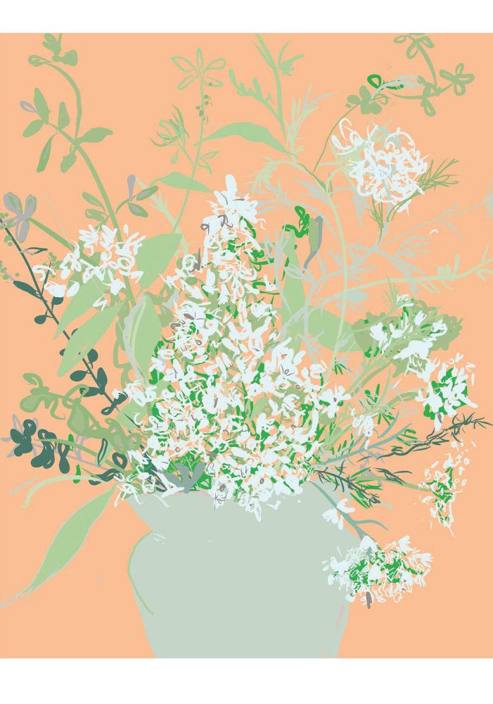 A floral arrangement featuring white flowers and green foliage against a peach background.